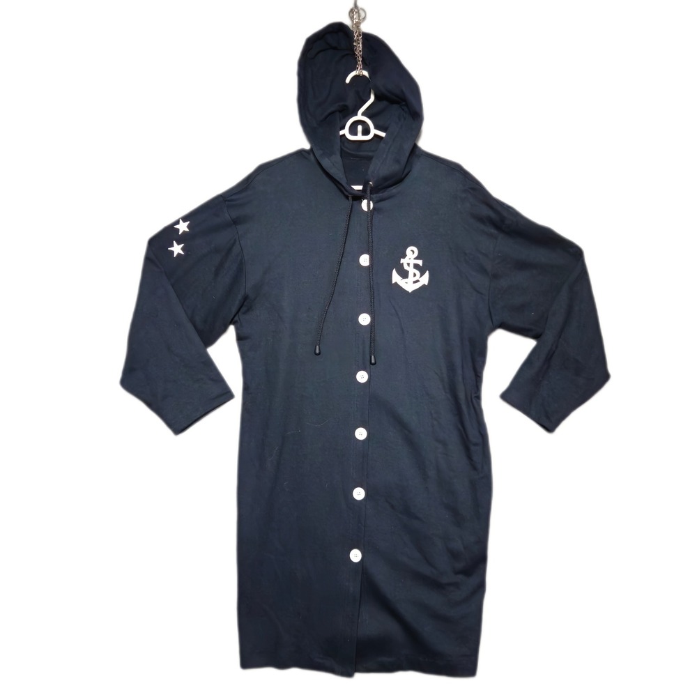 Vintage Karen Kane Hoodie Swim Cover Up Womens Medium Navy Blue Nautical Cotton